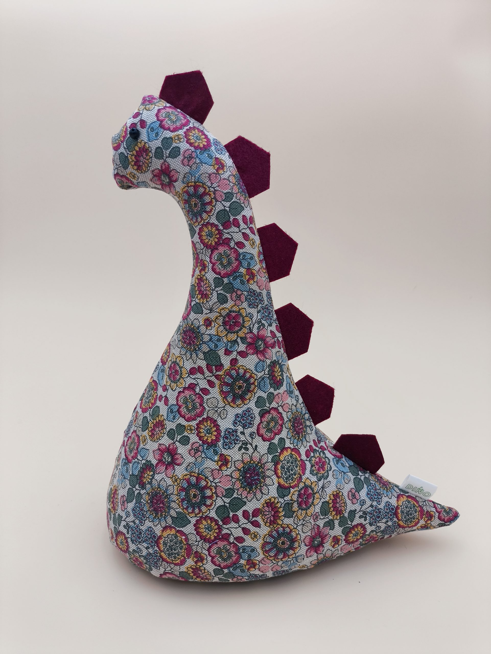 Cale-porte dinosaure - fleurs bordeaux, rose, bleu et jaune sur fond lin - Image 3