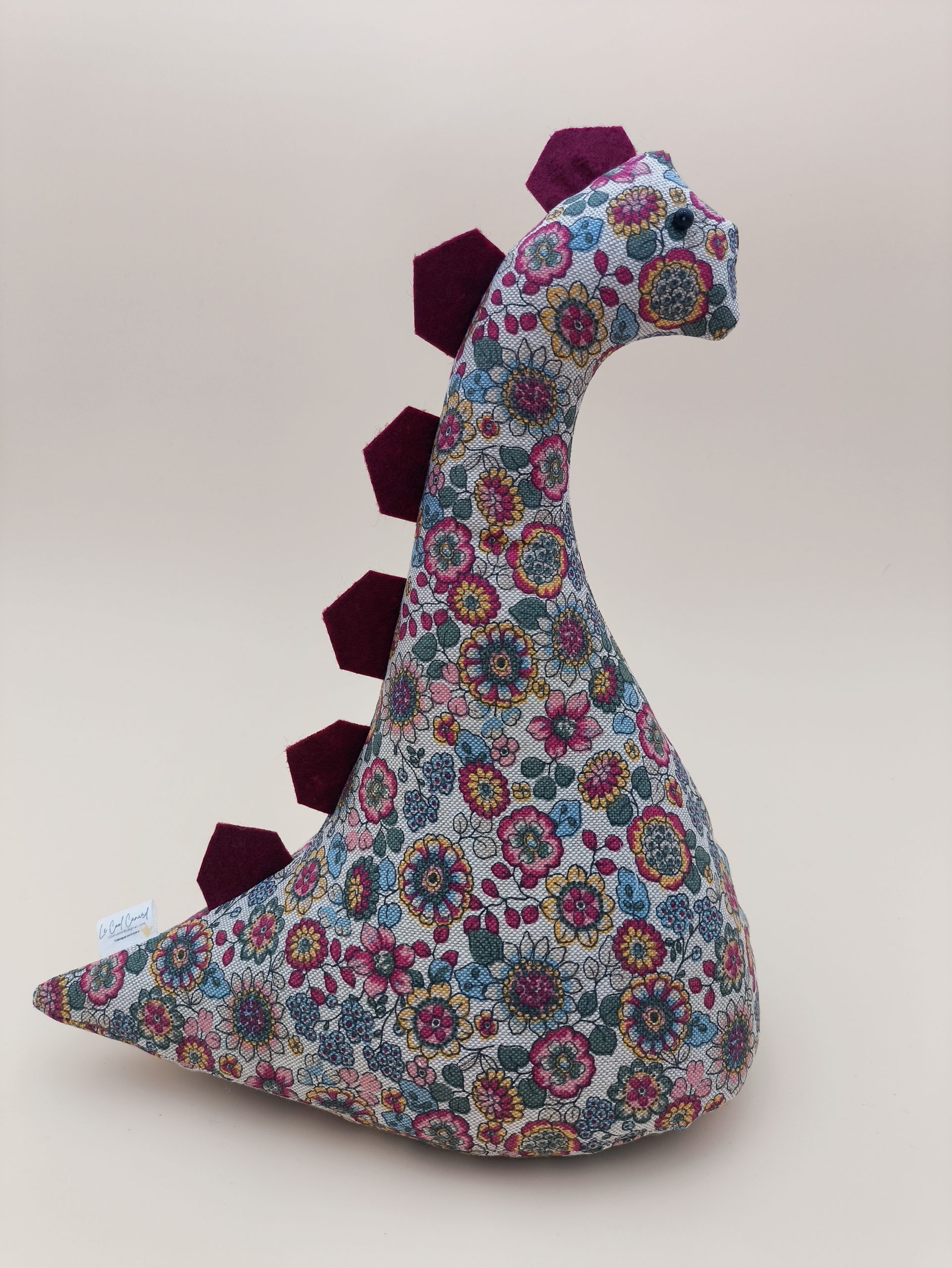 Cale-porte dinosaure - fleurs bordeaux, rose, bleu et jaune sur fond lin - Image 10